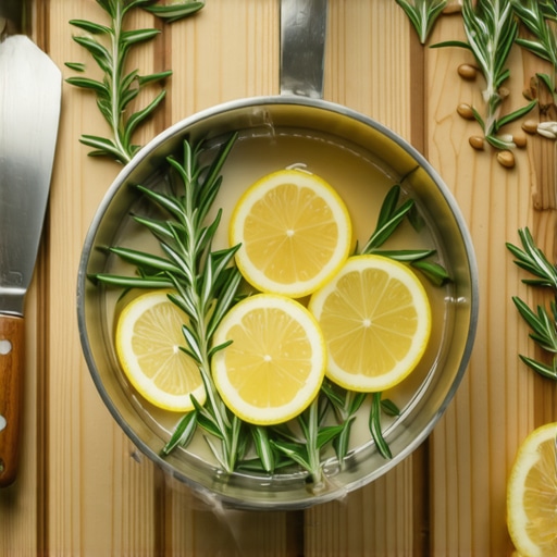 Limun i ruzmarin u šerpi sa vodom spremni za kuvanje osveživača