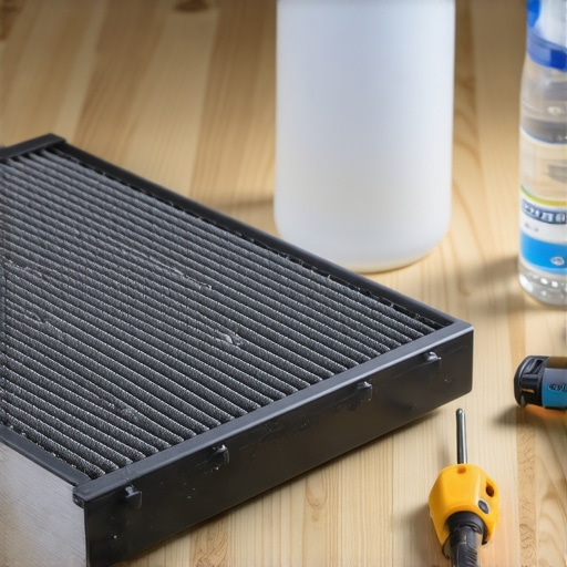 Prljavi filter toplotne pumpe spreman za čišćenje Detaljan prikaz zaprljanog filtera toplotne pumpe sa naslagama prašine i alatom za servis