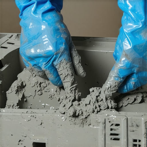 Proces izlivanja betona u DIY kalup Ruke u rukavicama koje oblikuju beton u saksiju