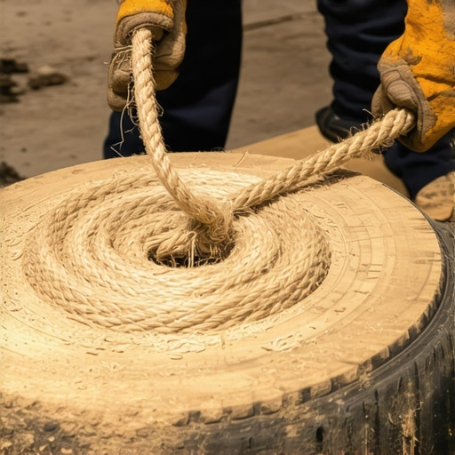 Ruke u rukavicama lepe debeli kanap od jute na drvenu ploču preko stare automobilske gume