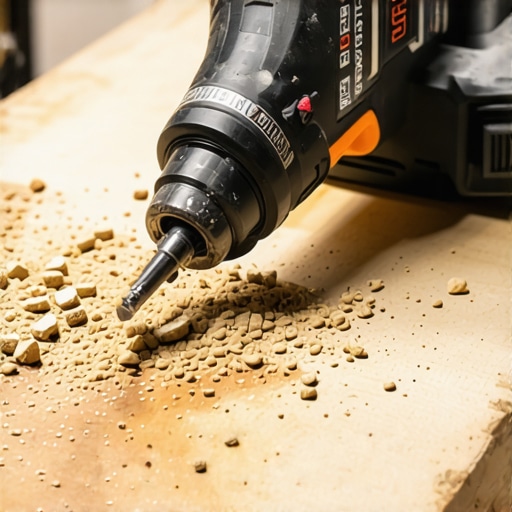 Krupni kadar akumulatorske bušilice na radnom stolu sa piljevinom
