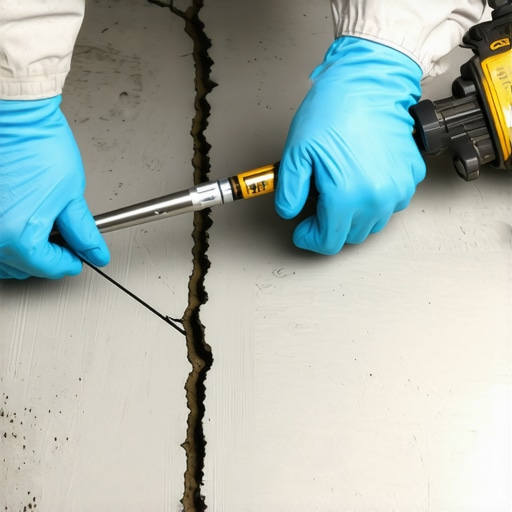 Profesionalna injekcija epoksidne smole u pukotinu Radnik ubrizgava epoksidnu smolu u pukotinu u betonskom podu
