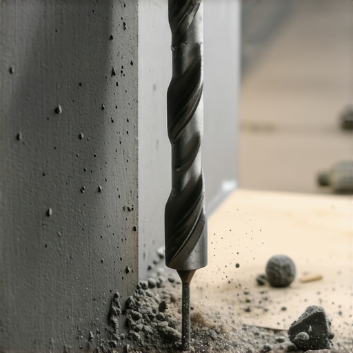 Krupni kadar burgije za beton u radu sa vidljivom prašinom