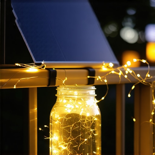 Profesionalno montiran solarni panel na balkonu Solarni panel fiksiran vezicama na balkonsku ogradu sa dekorativnim svetlima