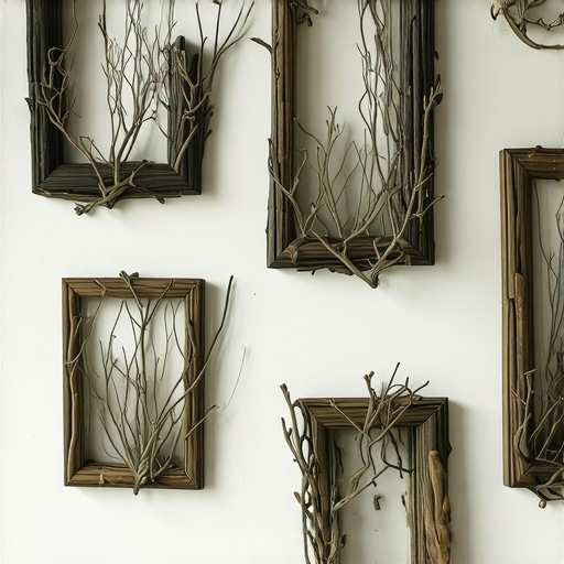 Ramovi od prirodnih grana kao zidna dekoracija Unikatni drveni ramovi od suvih grančica na belom zidu