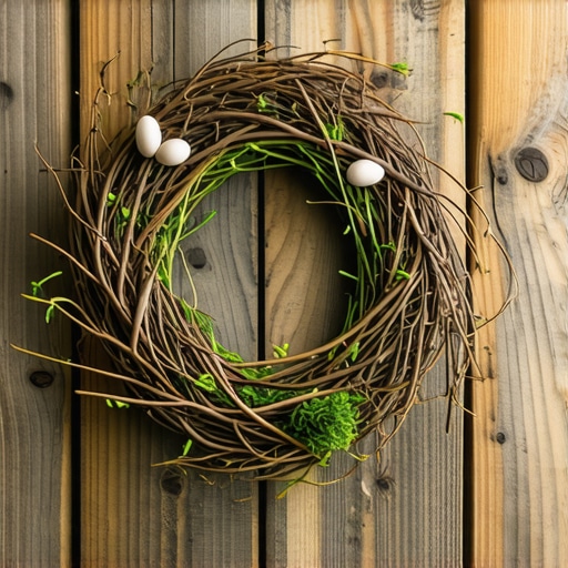 Uskršnji venac od vrbe i mahovine na drvenom stolu