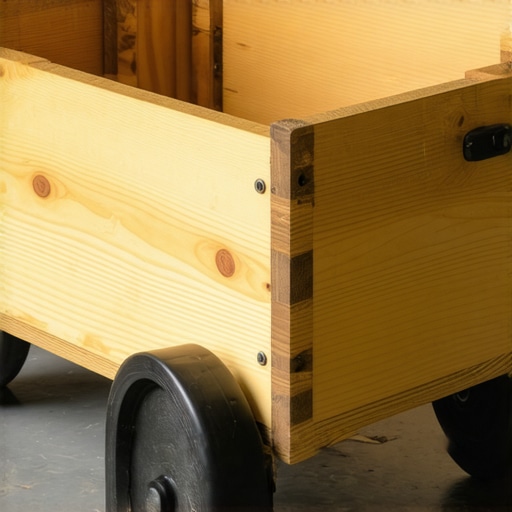 Detaljan prikaz drvene kutije na točkićima za organizaciju dečijih igračaka