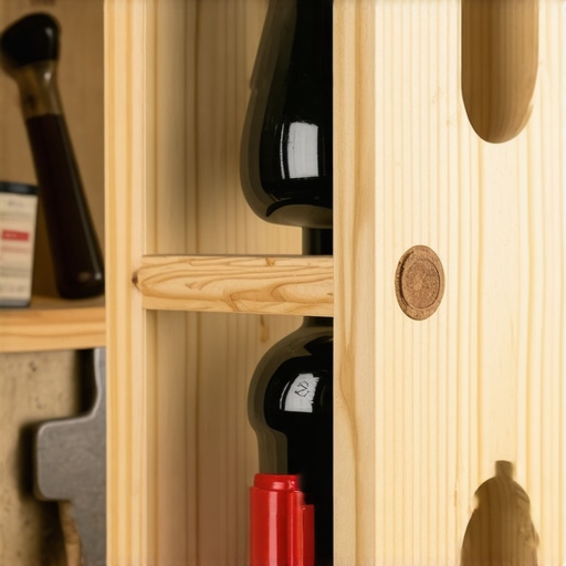 Detalj drvenog stalka za vino sa fokusom na teksturu drveta i spojeve