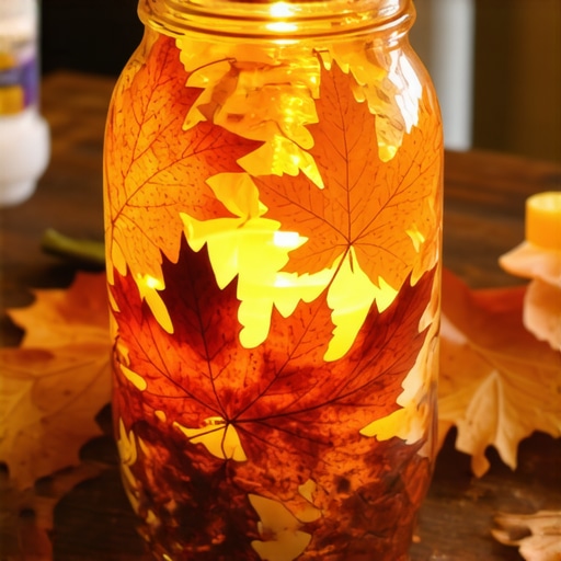 Rustic DIY Autumn Leaf Candle Holder Handmade autumn candle holder with colorful maple leaves on a glass jar