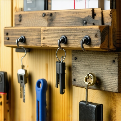 Handmade wooden wall organizer for keys and mail in a hallway