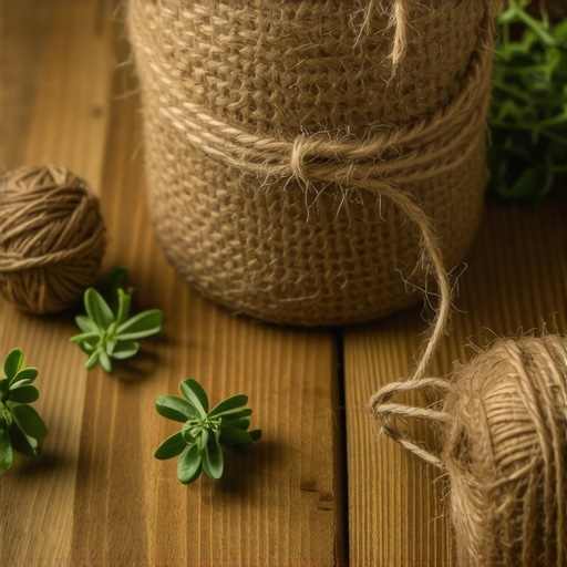Detaljan prikaz ručno rađene tegle za začine obmotane jutanim kanapom na drvenom stolu