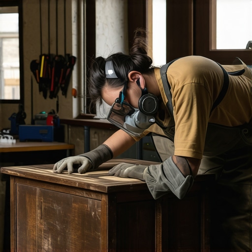 Sanding old furniture properly Hand sanding vintage wooden furniture with sandpaper in a workshop