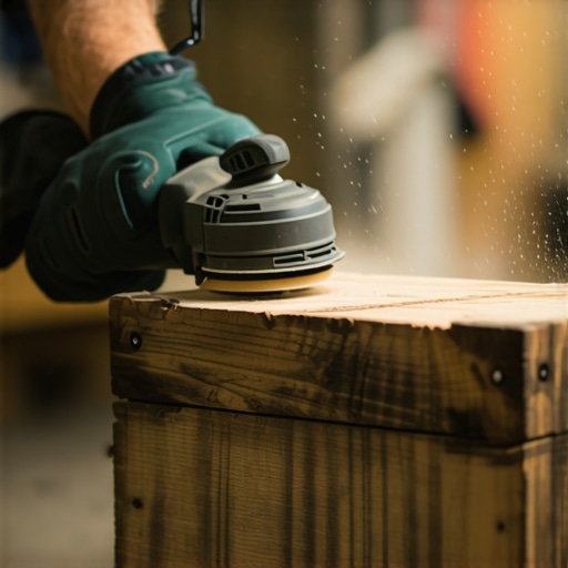 Sanding the fruit crate for a coffee table A person sanding old wooden fruit crates to prepare them for building furniture