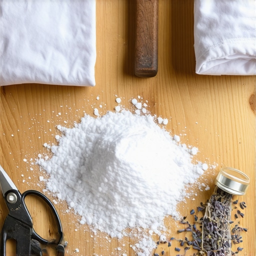 Soda bikarbona, sušena lavanda i stara pamučna tkanina spremni za izradu mirisnih kesica