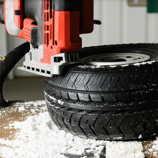 Osoba seče staru auto gumu ubodnom testerom u radionici