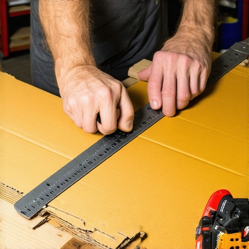 Ruke majstora kako precizno seku debeli karton metalnim lenjirom na radnom stolu