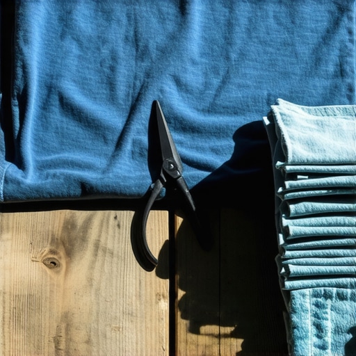 Sečenje stare pamučne majice oštrim makazama na drvenom stolu za DIY krpe