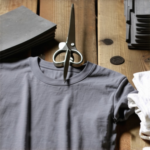 Oštre makaze seku sivu pamučnu majicu na drvenom stolu za pravljenje krpa bez šivenja