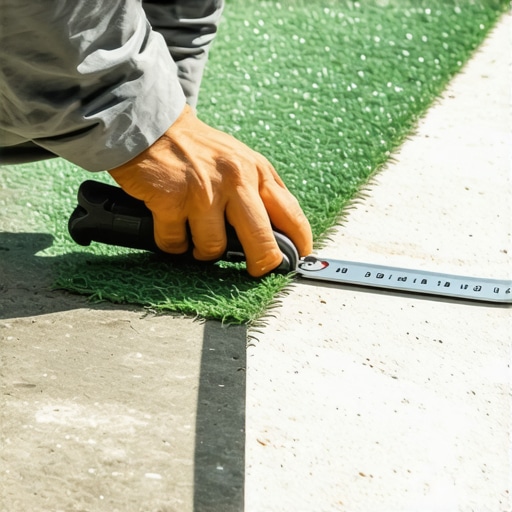 Majstor precizno seče poleđinu veštačke trave skalpelom na balkonu