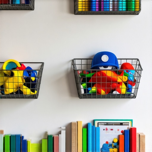 Sigurna montaža zidnih korpi za igračke Metalne zidne korpe montirane na zid dečije sobe sa igračkama