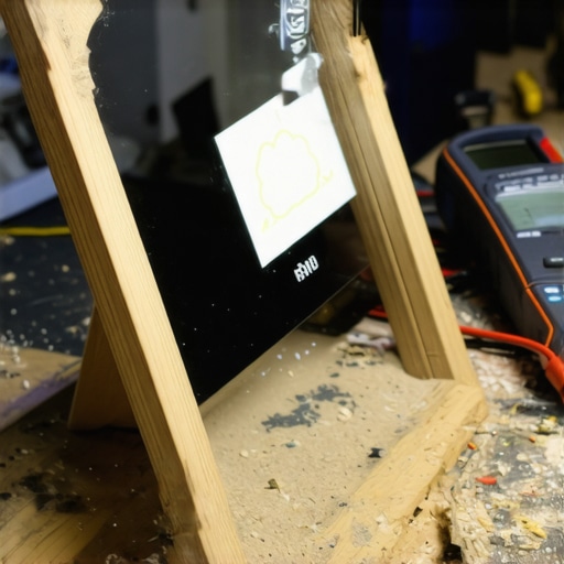 Detaljan prikaz konstrukcije pametnog ogledala sa vidljivom elektronikom i drvenim okvirom na radnom stolu.