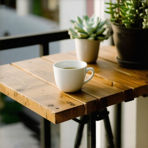 Ručno izrađen sklopivi drveni stočić montiran na ogradu balkona