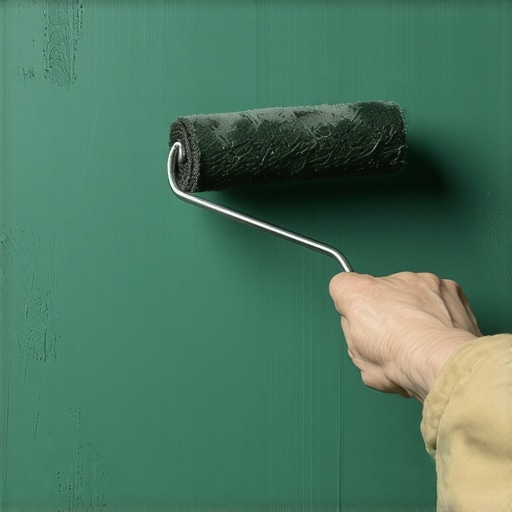 Ruka nanosi tamnu zelenu boju valjkom na zid sa preciznom ivicom od krep trake