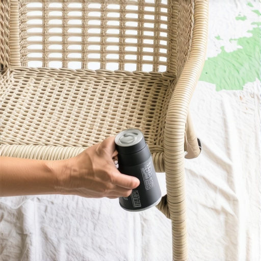 Tehnika farbanja pletene stolice sprejem Osoba farba pletenu stolicu sprejem koristeći dršku za lakše prskanje u radionici