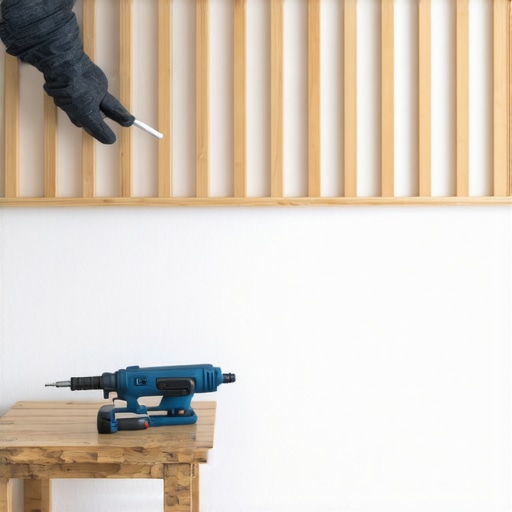 Postavljanje drvenih letvica na zid dnevne sobe pomoću lepka i libele