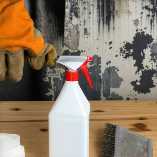 Uklanjanje buđi sa zida špaklom Osoba koja čisti crnu buđ sa vlažnog zida koristeći metalnu špaklu i zaštitne rukavice