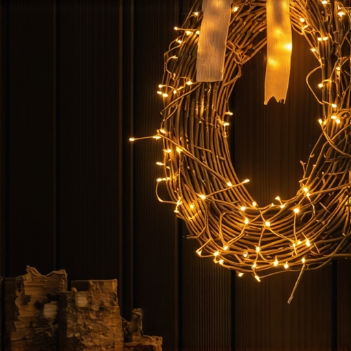 Ručno rađen venac od granja sa LED svetlima na drvenoj podlozi