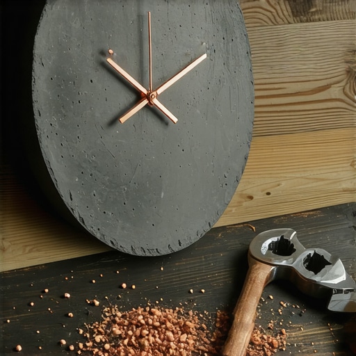 Unikatni betonski sat sa bakarnim detaljima Ručno rađen sat od betona i bakarnih cevi u industrijskom stilu