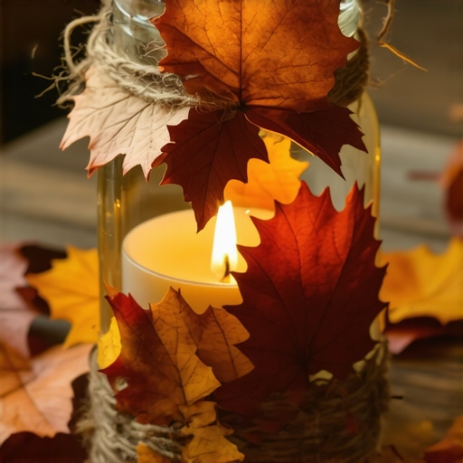 Unikatni jesenji svećnjak od reciklirane tegle Ručno rađeni svećnjak od staklene tegle sa jesenjim lišćem i kanapom