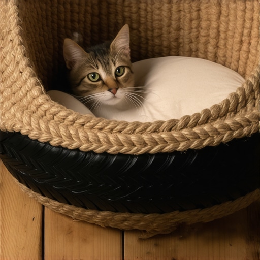 Uradi sam krevet za mačku napravljen od automobilske gume i prirodnog kanapa