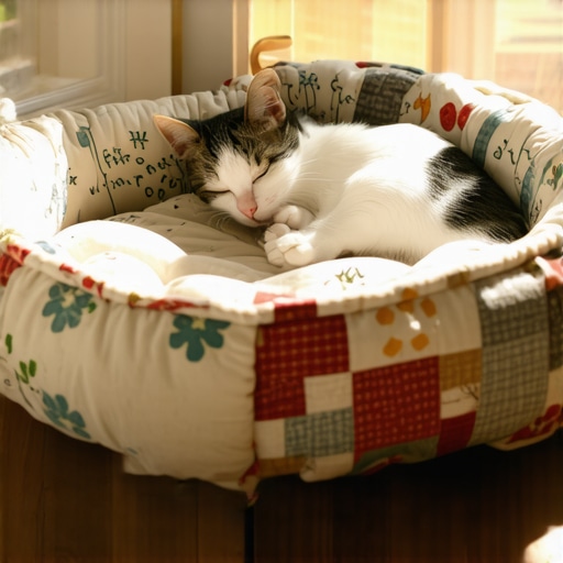 Ručno pravljen mekani krevet za mačku od stare pamučne posteljine na drvenom podu