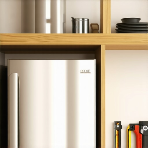 Uradi sam polica iznad friųidera sa pravilnom ventilacijom Drvena polica iznad friųidera u malom stanu sa fokusom na razmak za protok vazduha