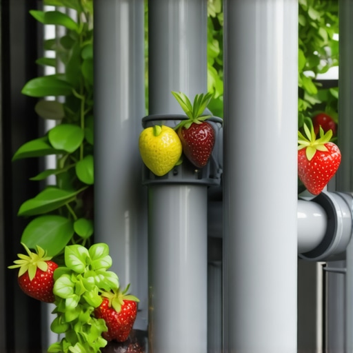 Vertikalna bašta od PVC cevi na balkonu Detaljan prikaz uradi sam vertikalne bašte od sivi PVC cevi sa jagodama i začinskim biljem na terasi.