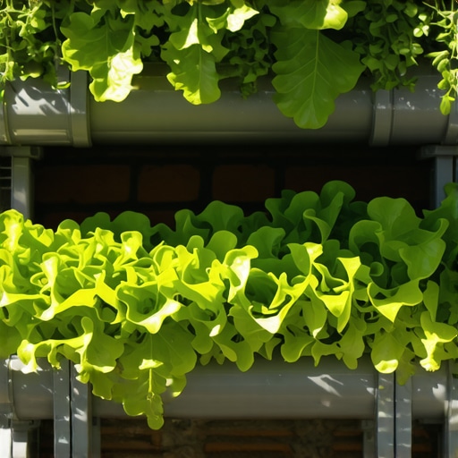 Vertikalni vrt od oluka na delu Vertikalni vrt od siviih oluka postavljen na zid balkona sa zasađenim začinskim biljem