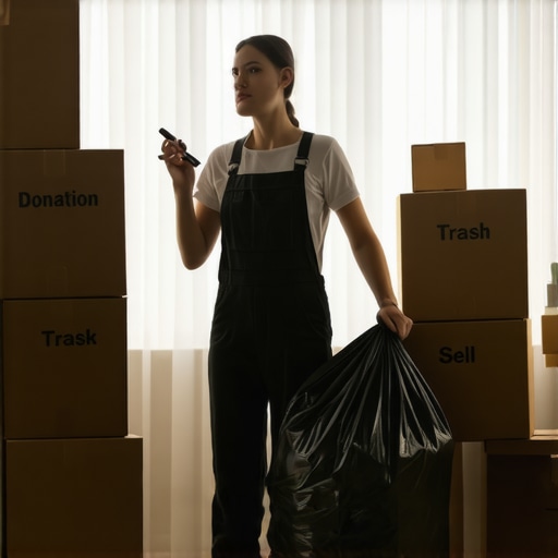 Osoba koja sortira stvari u džakove za smeće i kutije tokom vikend čišćenja stana.