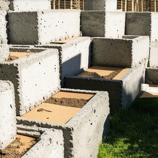 Visoka leja od betonskih blokova bez kopanja Konstrukcija visoke leje od sivih betonskih blokova postavljenih na karton u bašti