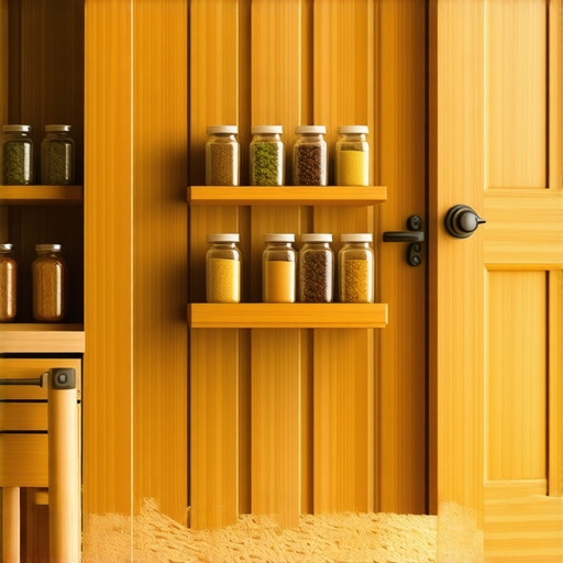 Završen DIY drveni stalak za začine na vratima Drveni stalak za začine montiran na unutrašnju stranu vrata kuhinjskog elementa