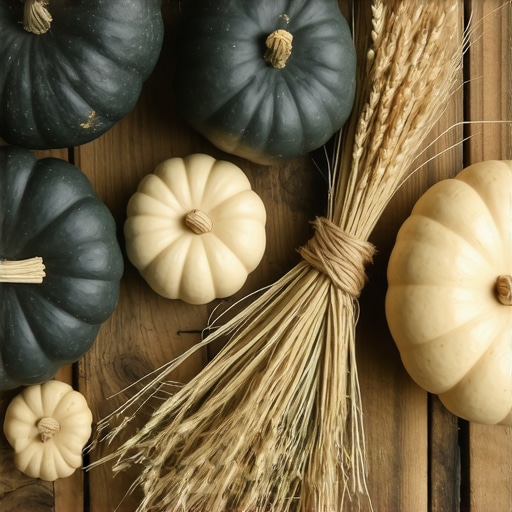 Rustični sto sa prirodnim bundevama i snopovima suvog žita u jesenjem stilu