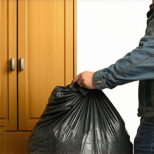 Brzo raščišćavanje ormara Osoba ubacuje višak odeće u crnu kesu za smeće pored drvenog ormara
