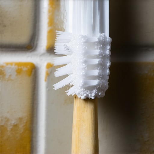 Detaljan prikaz čišćenja prljavih fugni pomoću paste za zube i četkice u kupatilu.