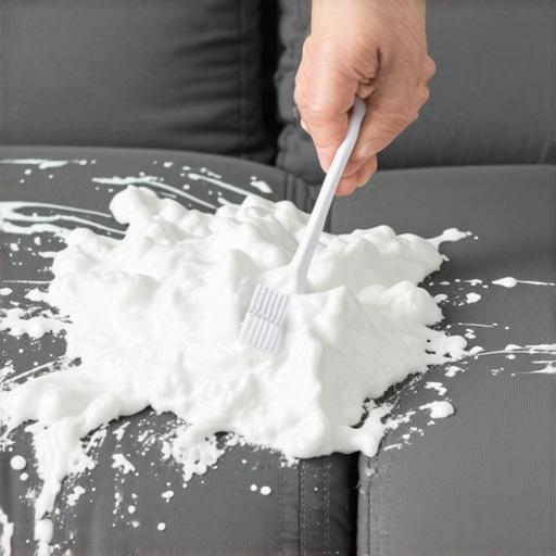 Bela pena za brijanje na sivoj tkanini kauca tokom ciscenja fleke