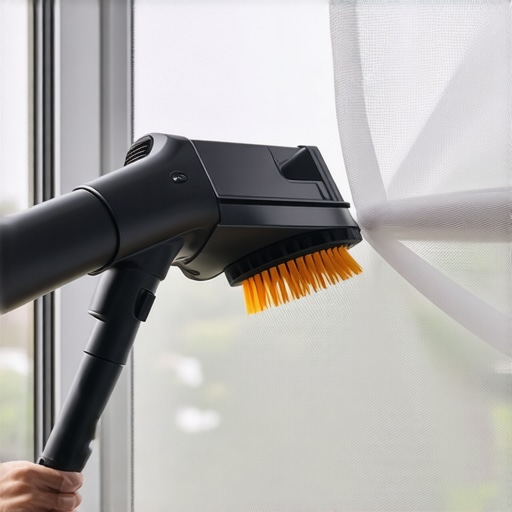 Čišćenje mrežice usisivačem bez skidanja Ruka čisti mrežicu za komarce na prozoru usisivačem sa četkom