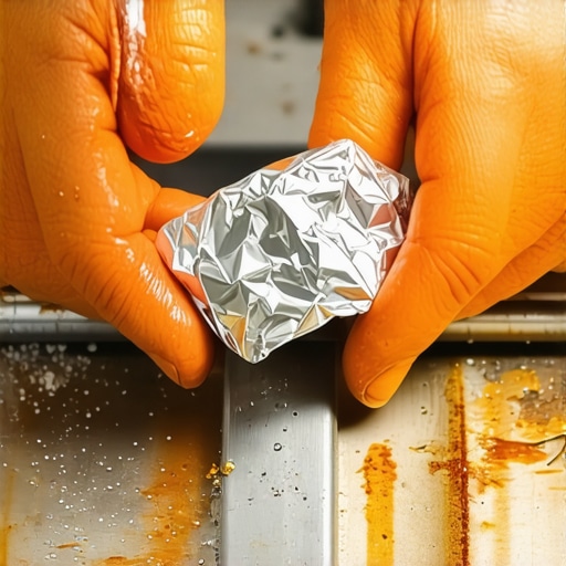 Rukom zgužvana aluminijumska folija skida rđu sa metalne cevi trimera u radionici