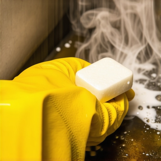 Čišćenje rerne tabletom za sudove proces Ruka u rukavici struže zagorelu rernu belom tabletom za sudove uz vidljiv efekat skidanja masnoće