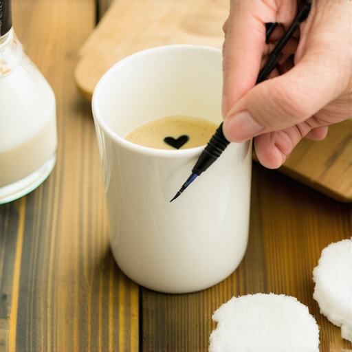 Crtanje na DIY solji uljanim markerom Osoba crta na beloj keramickoj solji markerom na drvenom stolu