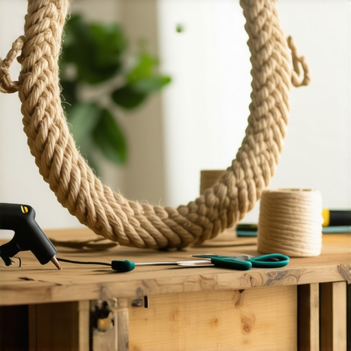 Krupni plan ogledala sa ramom od debelog kanapa od jute na radnom stolu